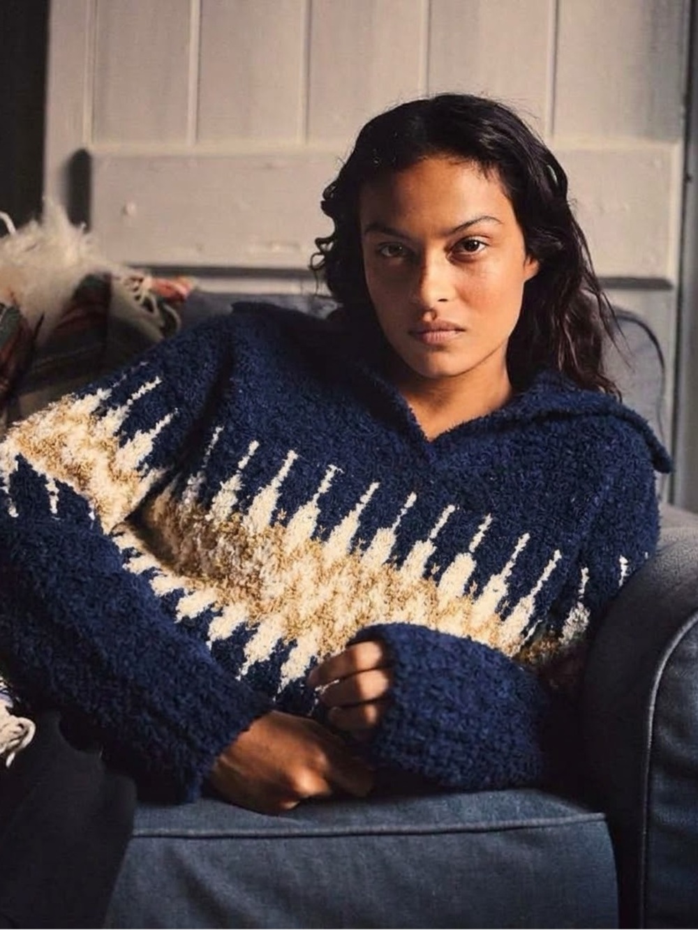 J.Crew Johnny-Collar Sweater Teddy Bouclé Yarn Navy Blue Acorn Collared V-Neck